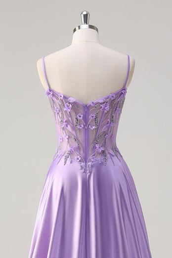 Purple Spaghetti Straps A Line Floral Long Prom Dress with Slit