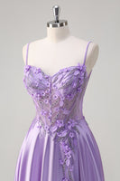 Load image into Gallery viewer, Purple Spaghetti Straps A Line Floral Long Prom Dress with Slit
