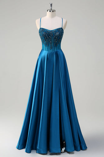 Blue Corset Pleated Spaghetti Straps Sequin Long Prom Dress