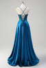 Load image into Gallery viewer, Blue Corset Pleated Spaghetti Straps Sequin Long Prom Dress