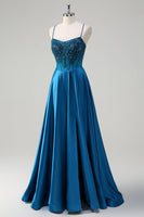 Load image into Gallery viewer, Blue Corset Pleated Spaghetti Straps Sequin Long Prom Dress