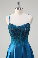 Load image into Gallery viewer, Blue Corset Pleated Spaghetti Straps Sequin Long Prom Dress