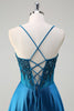 Load image into Gallery viewer, Blue Corset Pleated Spaghetti Straps Sequin Long Prom Dress