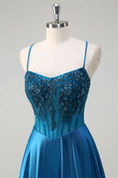 Load image into Gallery viewer, Blue Corset Pleated Spaghetti Straps Sequin Long Prom Dress