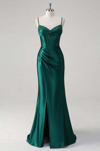 Dark Green Mermaid Corset Beaded Long Prom Dress