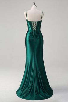 Dark Green Mermaid Corset Beaded Long Prom Dress