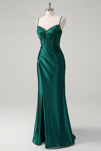Dark Green Mermaid Corset Beaded Long Prom Dress