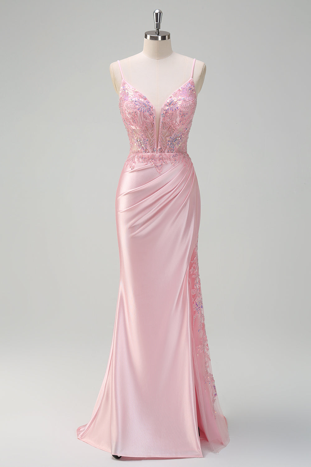 Light Pink Mermaid Sequin Corset Ruched Prom Dress