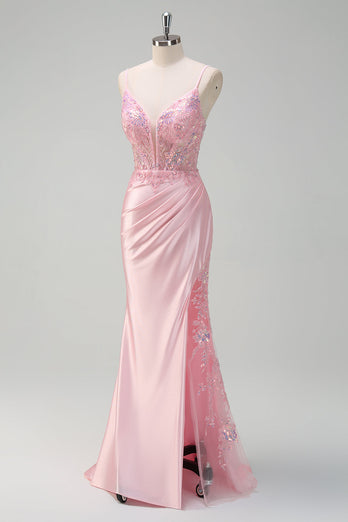 Light Pink Mermaid Sequin Corset Ruched Prom Dress