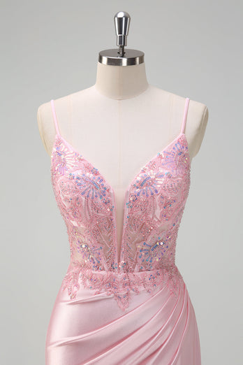 Light Pink Mermaid Sequin Corset Ruched Prom Dress