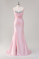 Load image into Gallery viewer, Mermaid Pink Spaghetti Straps Corset Prom Dress with Slit