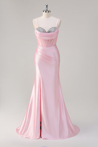 Mermaid Pink Spaghetti Straps Corset Prom Dress with Slit