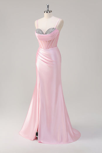 Mermaid Pink Spaghetti Straps Corset Prom Dress with Slit