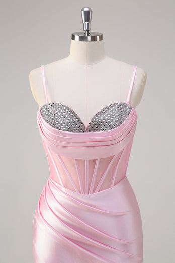 Mermaid Pink Spaghetti Straps Corset Prom Dress with Slit