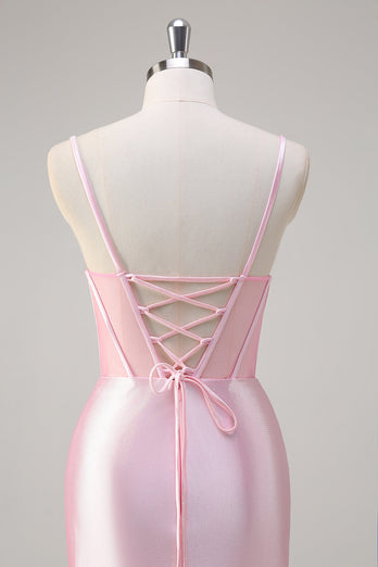 Mermaid Pink Spaghetti Straps Corset Prom Dress with Slit