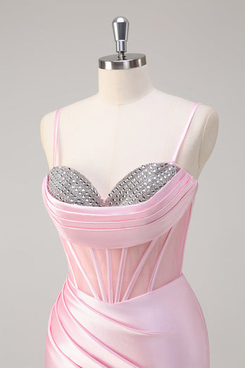 Mermaid Pink Spaghetti Straps Corset Prom Dress with Slit