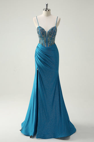 Glitter Blue Spaghetti Straps Ruched Long Prom Dress with Beading