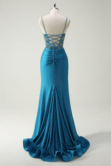 Glitter Blue Spaghetti Straps Ruched Long Prom Dress with Beading