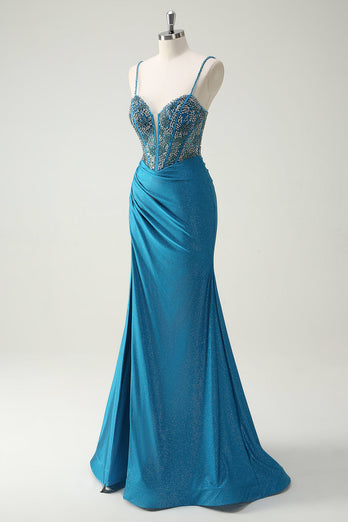 Glitter Blue Spaghetti Straps Ruched Long Prom Dress with Beading