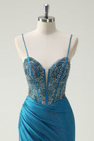 Load image into Gallery viewer, Glitter Blue Spaghetti Straps Ruched Long Prom Dress with Beading