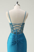 Load image into Gallery viewer, Glitter Blue Spaghetti Straps Ruched Long Prom Dress with Beading