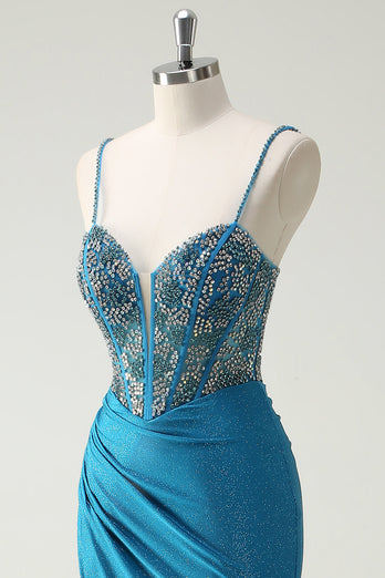 Glitter Blue Spaghetti Straps Ruched Long Prom Dress with Beading