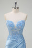 Load image into Gallery viewer, Light Blue Strapless Mermaid Corset Sequin Satin Prom Dress with Slit