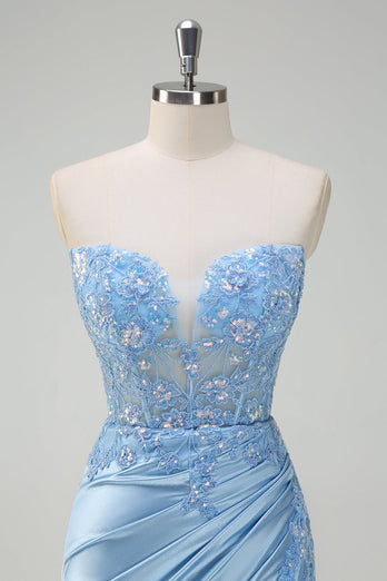 Light Blue Strapless Mermaid Corset Sequin Satin Prom Dress with Slit