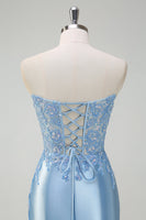 Load image into Gallery viewer, Light Blue Strapless Mermaid Corset Sequin Satin Prom Dress with Slit