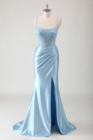 Load image into Gallery viewer, Blue Mermaid Spaghetti Straps Corset Long Prom Dress