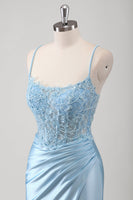 Load image into Gallery viewer, Blue Mermaid Spaghetti Straps Corset Long Prom Dress