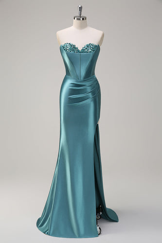 Strapless Grey Green Mermaid Sequin Corset Satin Prom Dress with Slit