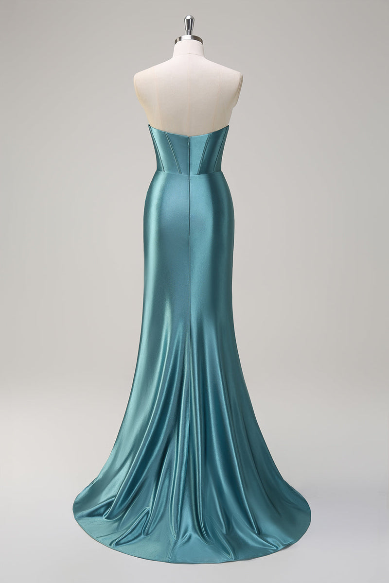 Load image into Gallery viewer, Royal Blue Mermaid Strapless Corset Sequin Prom Dress with Slit