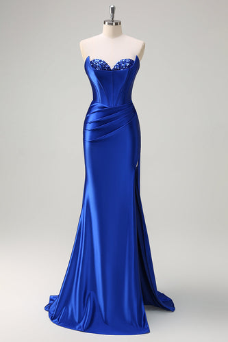 Royal Blue Mermaid Strapless Corset Sequin Prom Dress with Slit