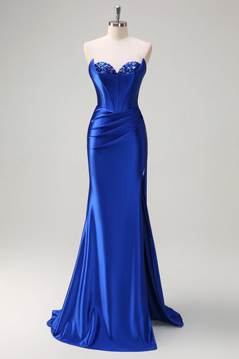 Royal Blue Mermaid Strapless Corset Sequin Prom Dress with Slit