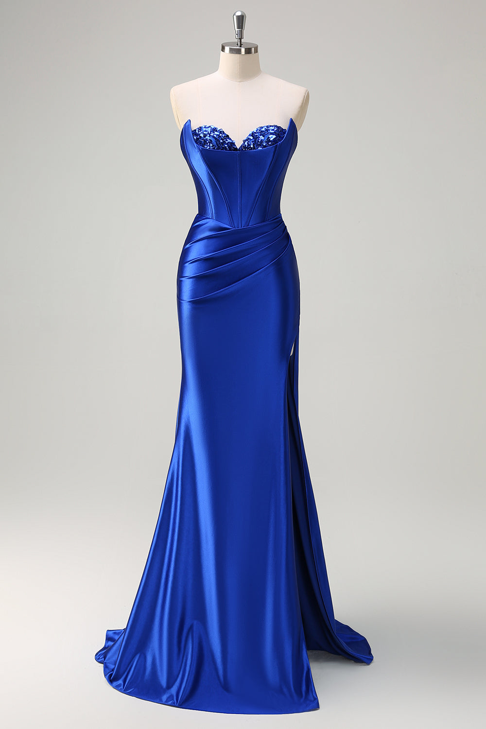 Royal Blue Mermaid Strapless Corset Sequin Prom Dress with Slit