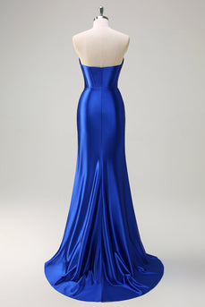 Royal Blue Mermaid Strapless Corset Sequin Prom Dress with Slit