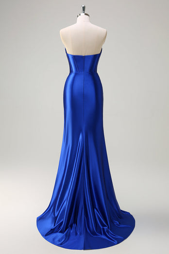 Royal Blue Mermaid Strapless Corset Sequin Prom Dress with Slit