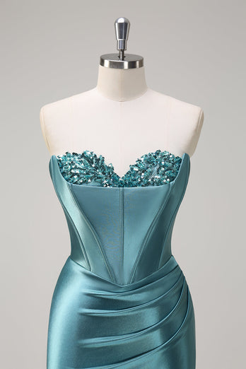 Royal Blue Mermaid Strapless Corset Sequin Prom Dress with Slit