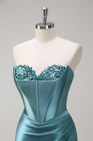 Load image into Gallery viewer, Strapless Grey Green Mermaid Sequin Corset Satin Prom Dress with Slit