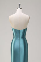 Load image into Gallery viewer, Strapless Grey Green Mermaid Sequin Corset Satin Prom Dress with Slit