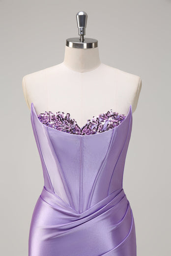 Royal Blue Mermaid Strapless Corset Sequin Prom Dress with Slit