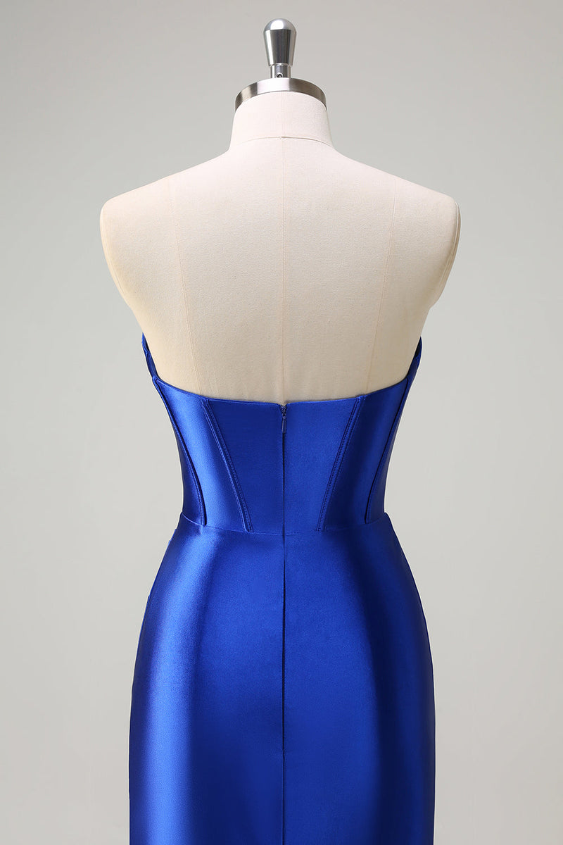 Load image into Gallery viewer, Royal Blue Mermaid Strapless Corset Sequin Prom Dress with Slit