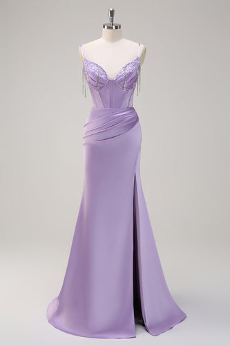 Lilac Mermaid Ruched Corset Beaded Long Prom Dress