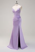 Load image into Gallery viewer, Lilac Mermaid Ruched Corset Beaded Long Prom Dress