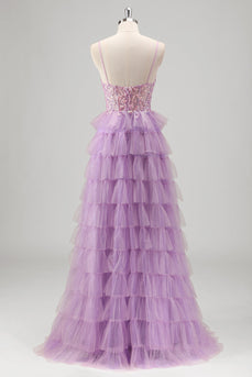 Glitter A Line Tiered Lilac Sequins Prom Dress with Slit
