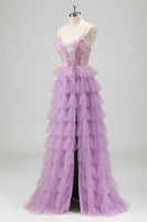 Load image into Gallery viewer, Glitter A Line Tiered Lilac Sequins Prom Dress with Slit