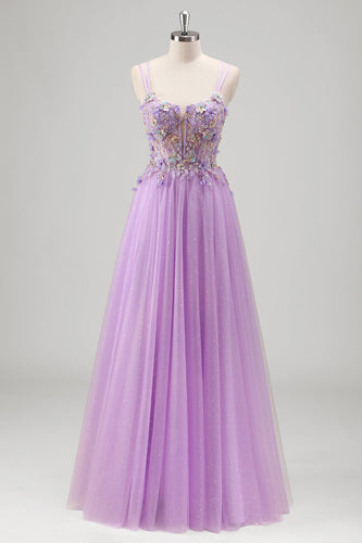 Glitter Floral Beaded Lilac Appliques Corset Prom Dress