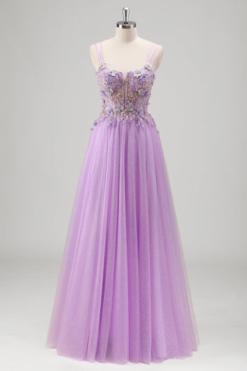 Glitter Floral Beaded Lilac Appliques Corset Prom Dress