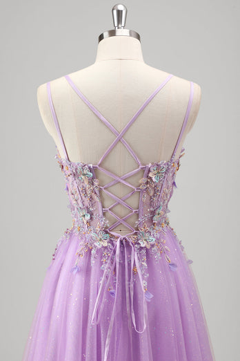 Glitter Floral Beaded Lilac Appliques Corset Prom Dress